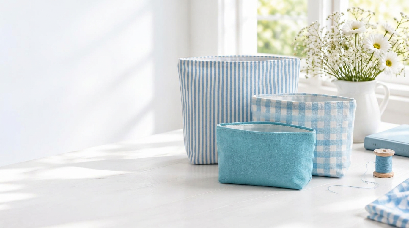 Three handmade open-top blue pouches on Cartie's craft table
